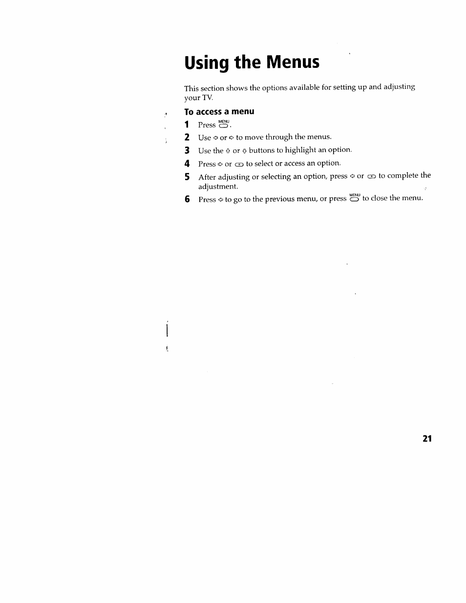 Using the menus, To access a menu | Sony WEGA KV-32FS12 User Manual | Page 30 / 53
