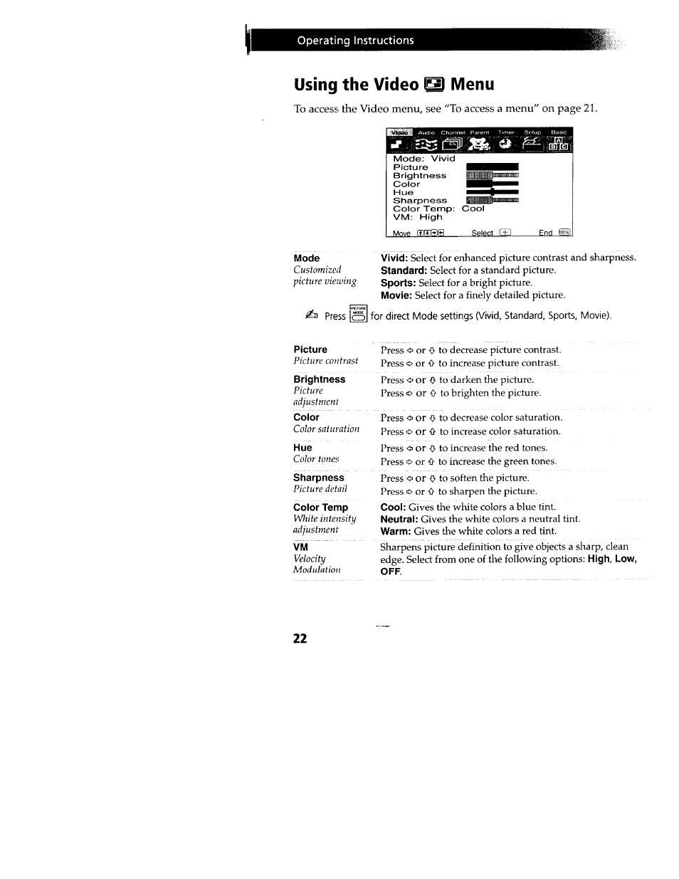 Using the video s menu, Mode, Press | Using the video 0 menu, Operating instructions | Sony WEGA KV-32FS12 User Manual | Page 31 / 53