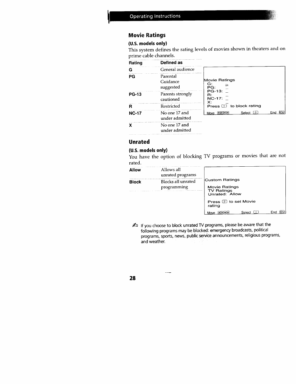 Movie ratings, Pg-13, Nc-17 | Defined as, Unrated, Allow, Block, Operating instructions | Sony WEGA KV-32FS12 User Manual | Page 37 / 53