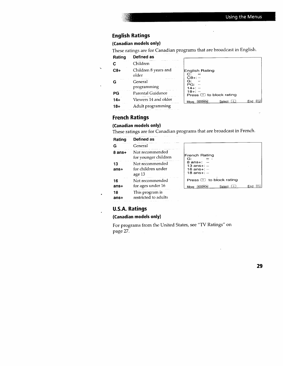 English ratings, Canadian models only), French ratings | U.s.a. ratings, Using the menus | Sony WEGA KV-32FS12 User Manual | Page 38 / 53