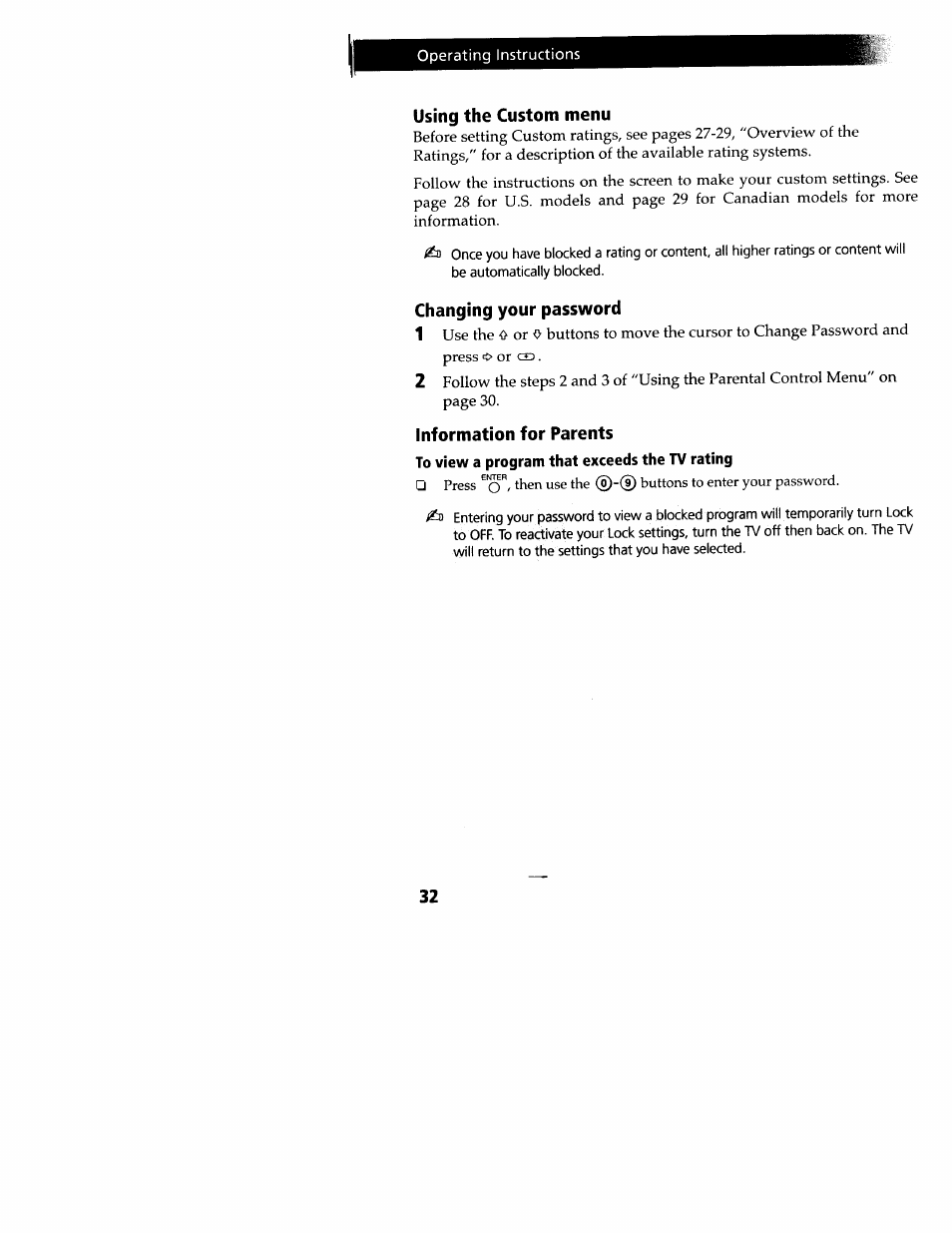 Using the custom menu, Changing your password, Information for parents | Sony WEGA KV-32FS12 User Manual | Page 41 / 53