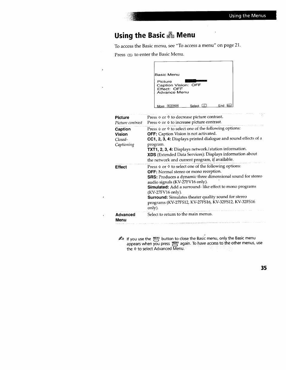 Using the basic menu, Picture, Caption | Vision, Effect, Advanced, Menu, Using the menus | Sony WEGA KV-32FS12 User Manual | Page 44 / 53