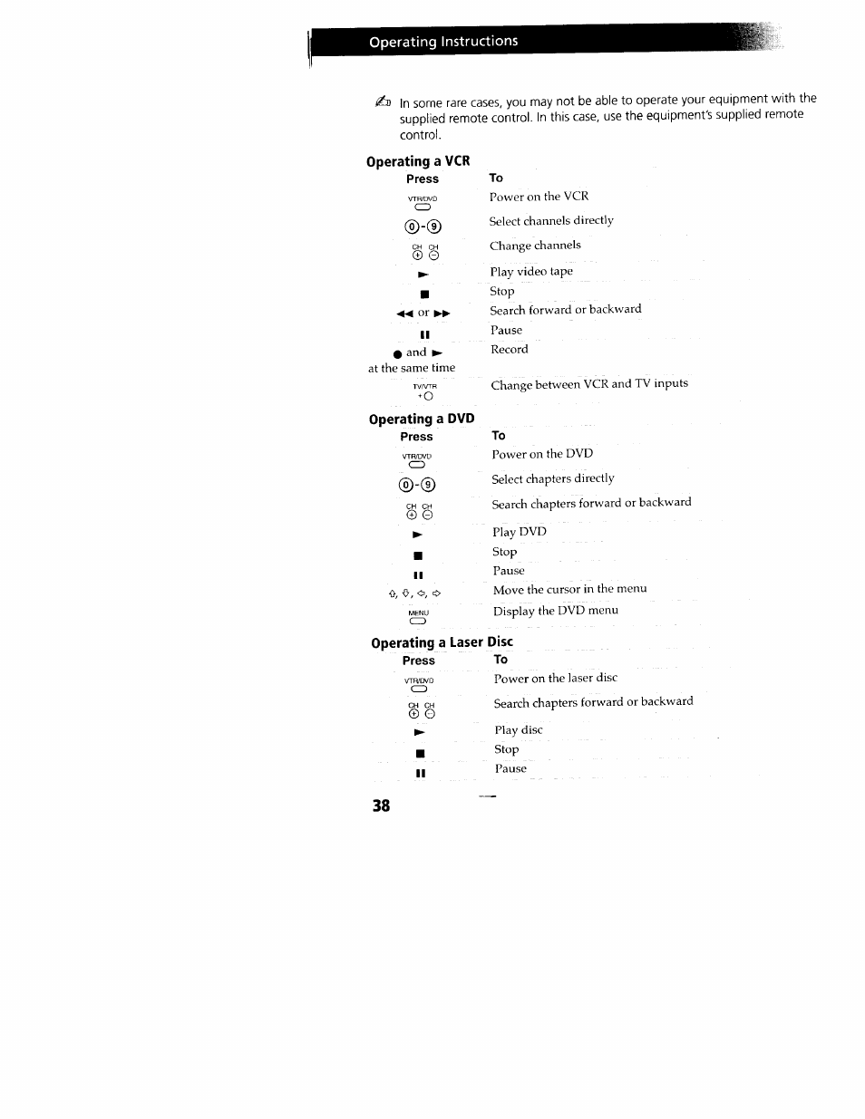 Operating a vcr, Operating instructions, Operating a dvd | Operating a laser disc | Sony WEGA KV-32FS12 User Manual | Page 47 / 53