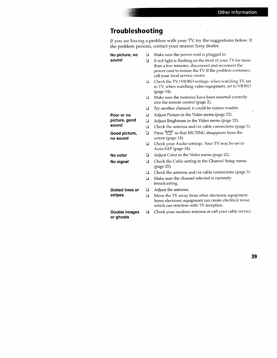 Troubleshooting | Sony WEGA KV-32FS12 User Manual | Page 48 / 53