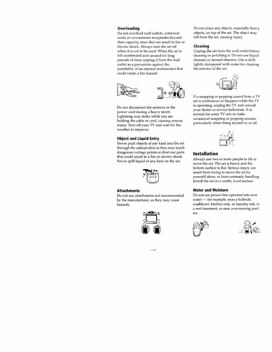 Overloading, Object and liquid entry, Cleaning | Attachments, Water and moisture, Installation | Sony WEGA KV-32FS12 User Manual | Page 5 / 53