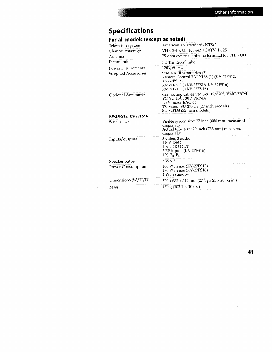 Specifications, For all models (except as noted) | Sony WEGA KV-32FS12 User Manual | Page 50 / 53