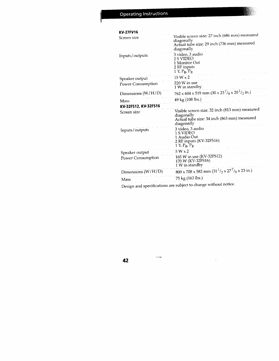 Kv-27fv16, Operating instructions | Sony WEGA KV-32FS12 User Manual | Page 51 / 53