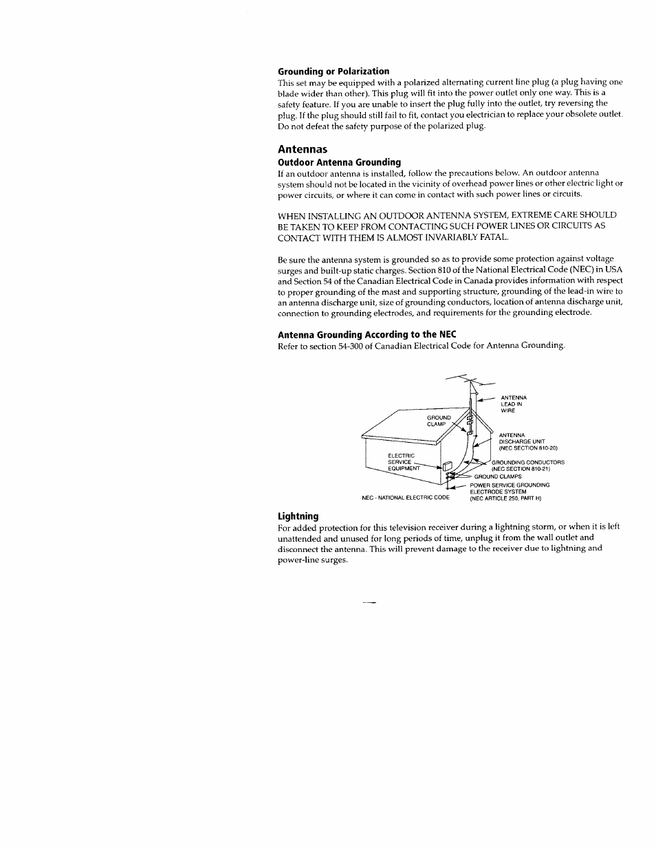 Grounding or polarization, Outdoor antenna grounding, Antenna grounding according to the nec | Lightning, Antennas | Sony WEGA KV-32FS12 User Manual | Page 7 / 53
