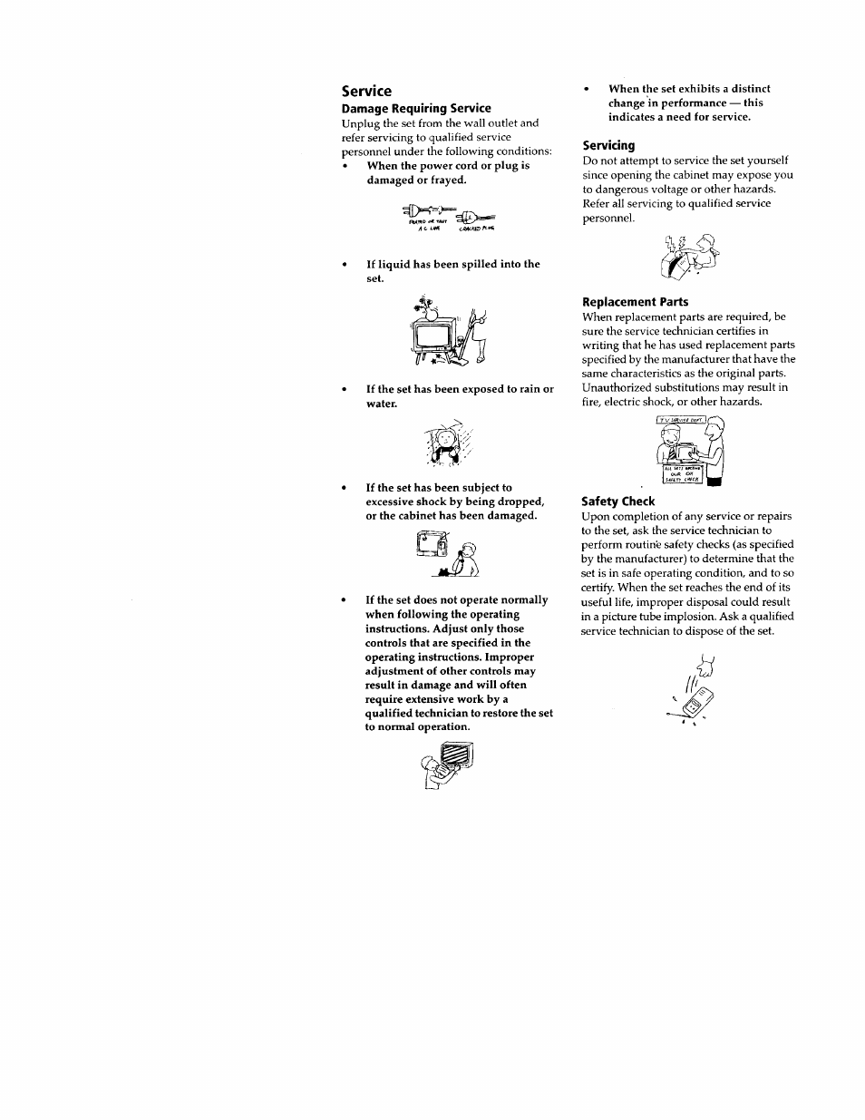 Damage requiring service, Servicing, Replacement parts | Service | Sony WEGA KV-32FS12 User Manual | Page 8 / 53