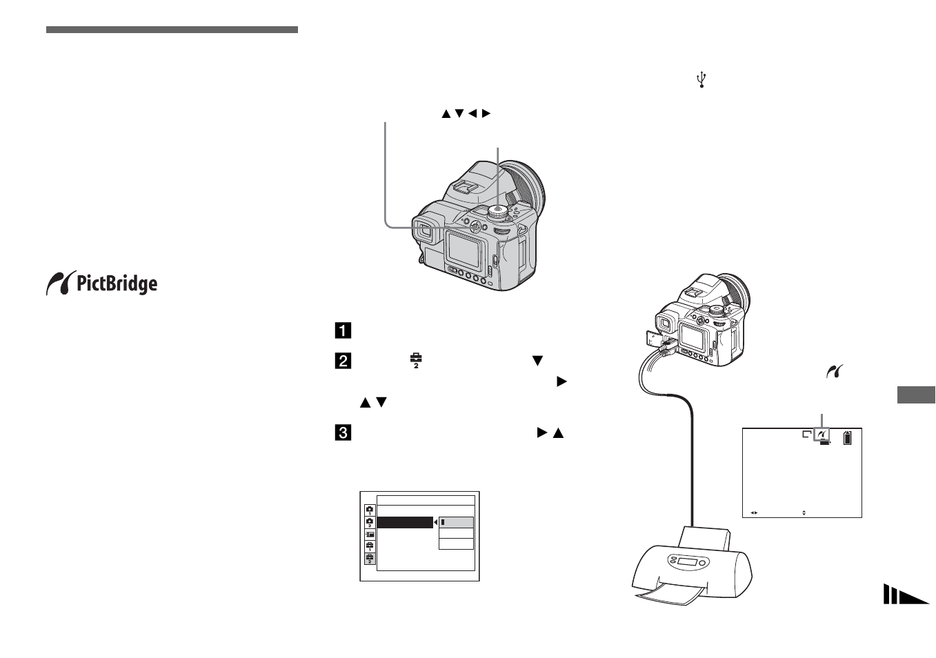 Still image printing (pictbridge printer), Connecting to a pictbridge printer, Preparing the camera | Connecting the camera to the printer | Sony DSC-F828 User Manual | Page 93 / 160