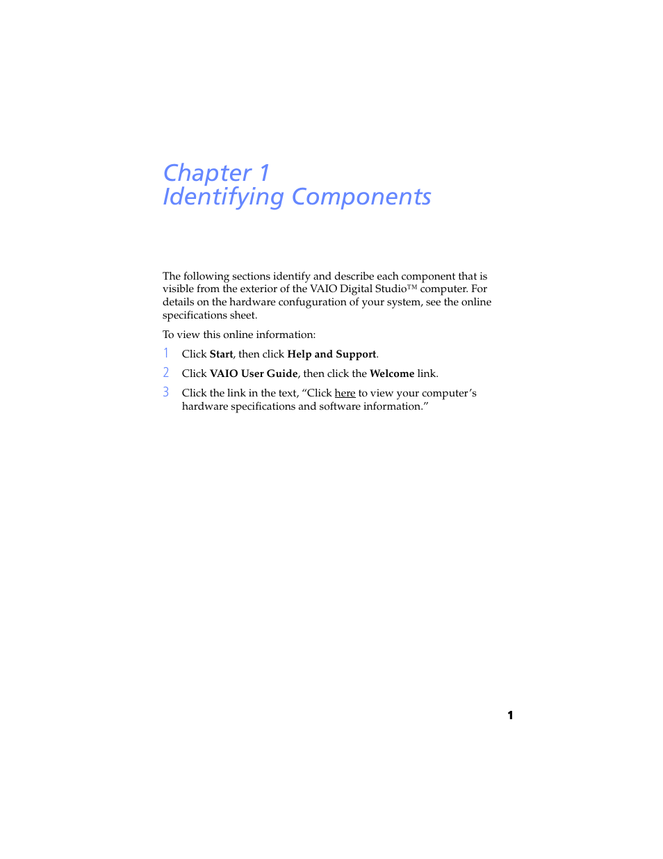 Identifying components, Chapter 1 — identifying components, Chapter 1 identifying components | Sony PCV-RX780G User Manual | Page 15 / 96