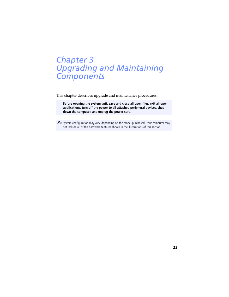 Upgrading and maintaining components, Chapter 3 upgrading and maintaining components | Sony PCV-RX780G User Manual | Page 37 / 96