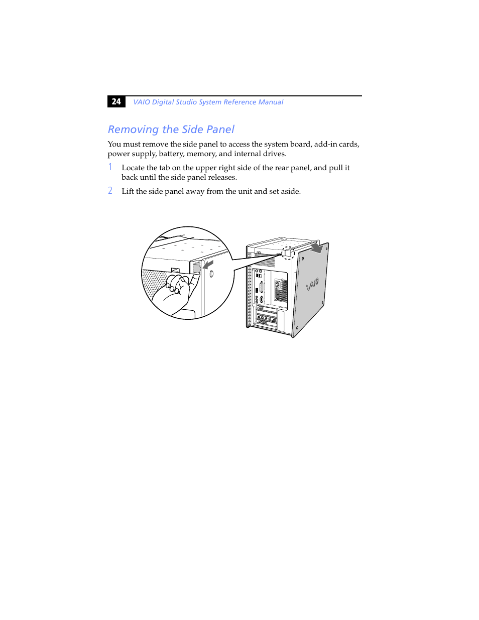 Removing the side panel | Sony PCV-RX780G User Manual | Page 38 / 96