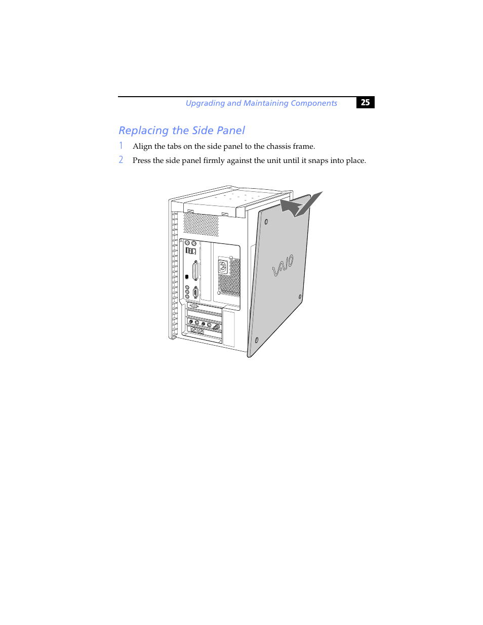 Replacing the side panel | Sony PCV-RX780G User Manual | Page 39 / 96