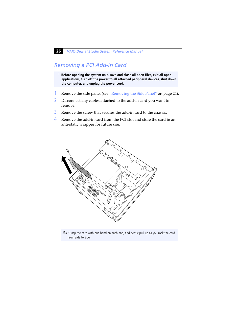 Removing a pci add-in card | Sony PCV-RX780G User Manual | Page 40 / 96