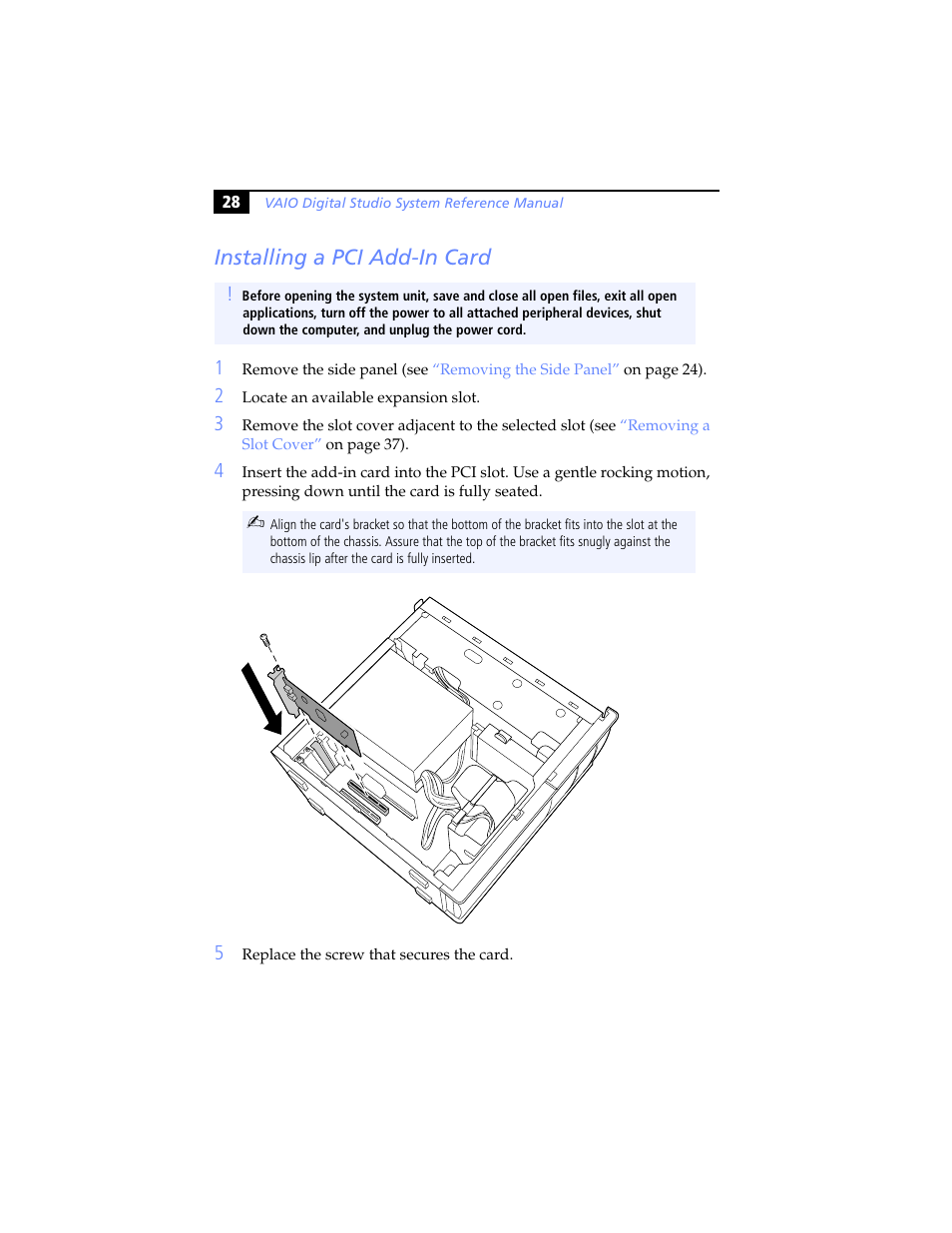 Installing a pci add-in card | Sony PCV-RX780G User Manual | Page 42 / 96