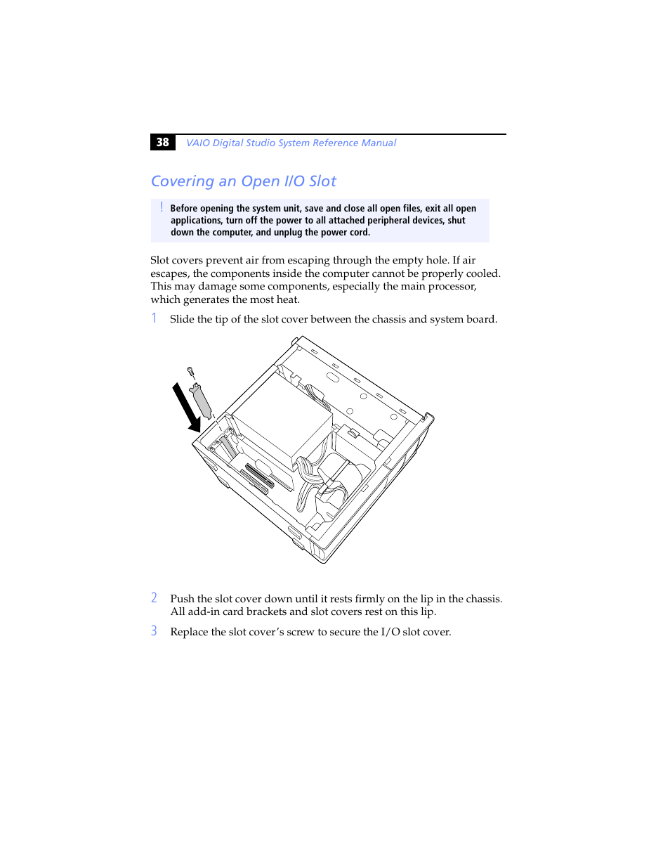 Covering an open i/o slot, Covering, An open i/o slot | Sony PCV-RX780G User Manual | Page 52 / 96