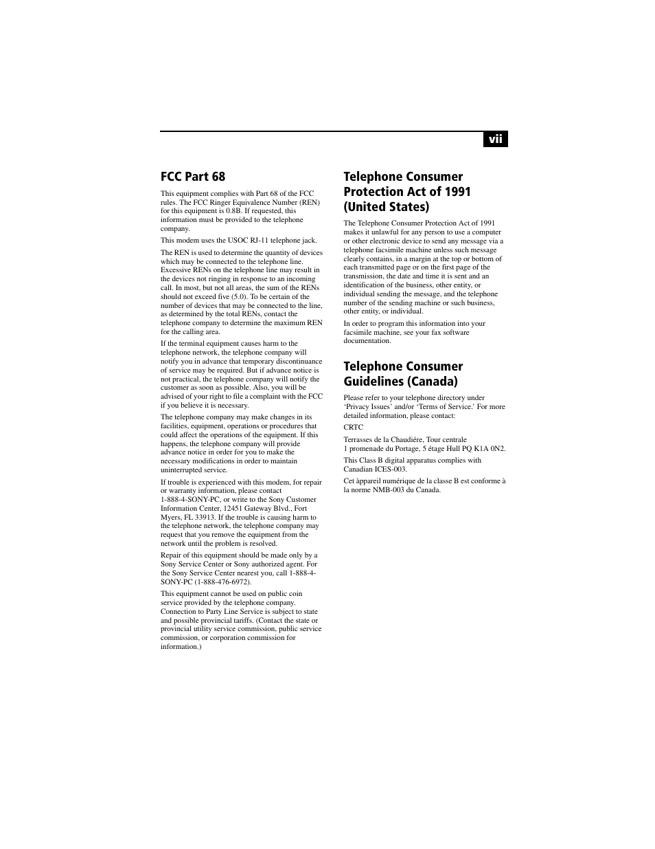 Fcc part 68, Telephone consumer guidelines (canada) | Sony PCV-RX780G User Manual | Page 7 / 96