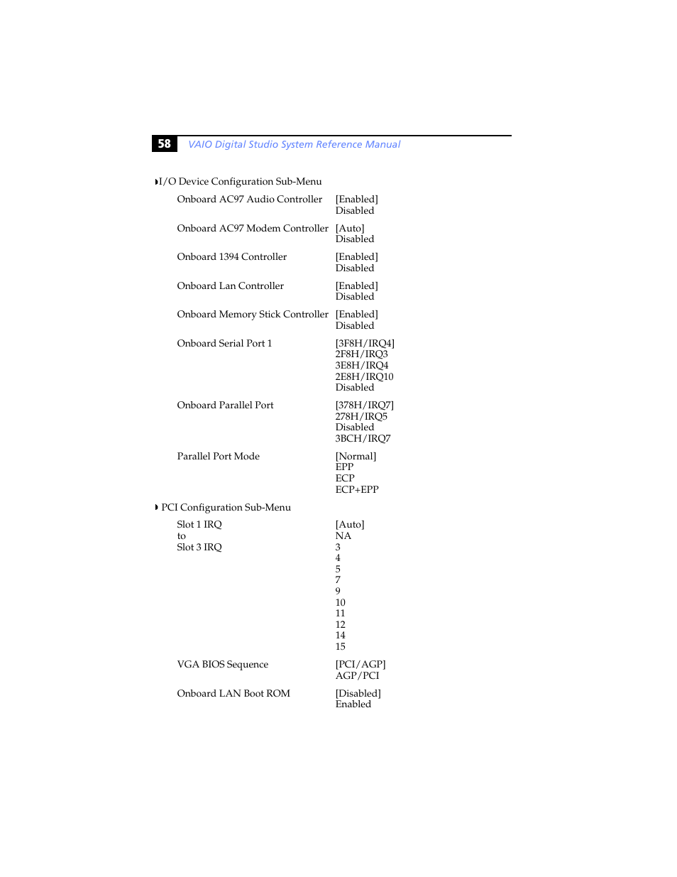 I/o device configuration sub-menu, Pci configuration sub-menu | Sony PCV-RX780G User Manual | Page 72 / 96