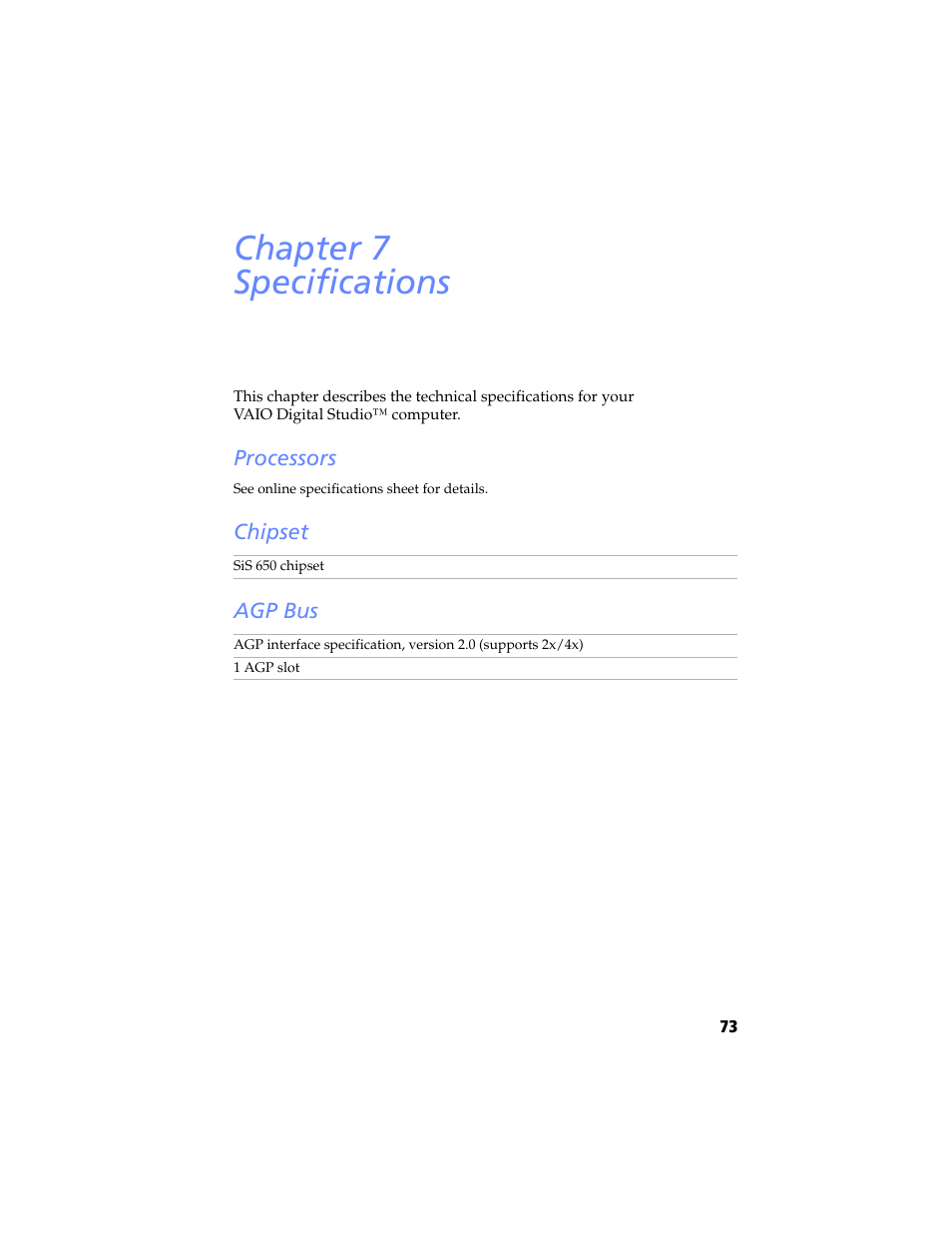 Specifications, Processors, Chipset | Agp bus, Chapter 7 — specifications, Processors chipset agp bus, Chapter 7 specifications | Sony PCV-RX780G User Manual | Page 87 / 96