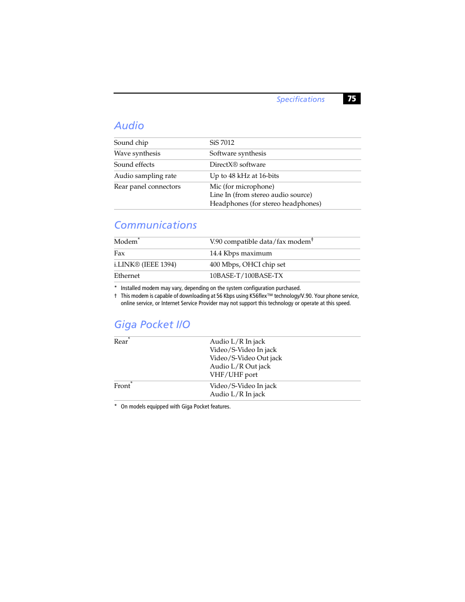 Audio, Communications, Giga pocket i/o | Audio communications giga pocket i/o | Sony PCV-RX780G User Manual | Page 89 / 96