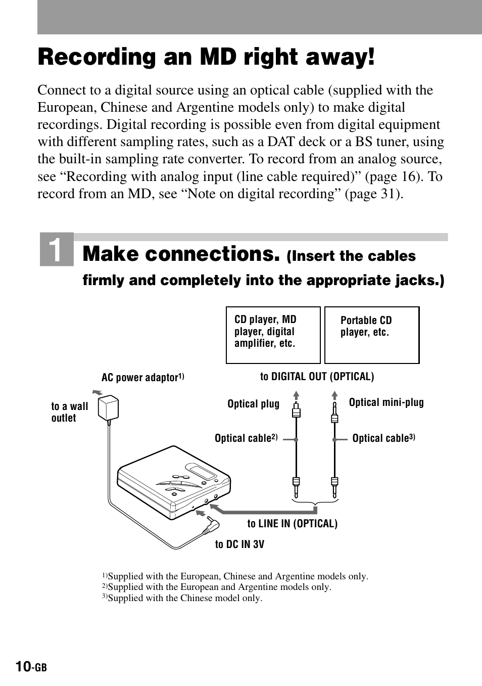 Recording an md right away, Ack (10) (16), Make connections | Sony MZ-R500 User Manual | Page 10 / 40