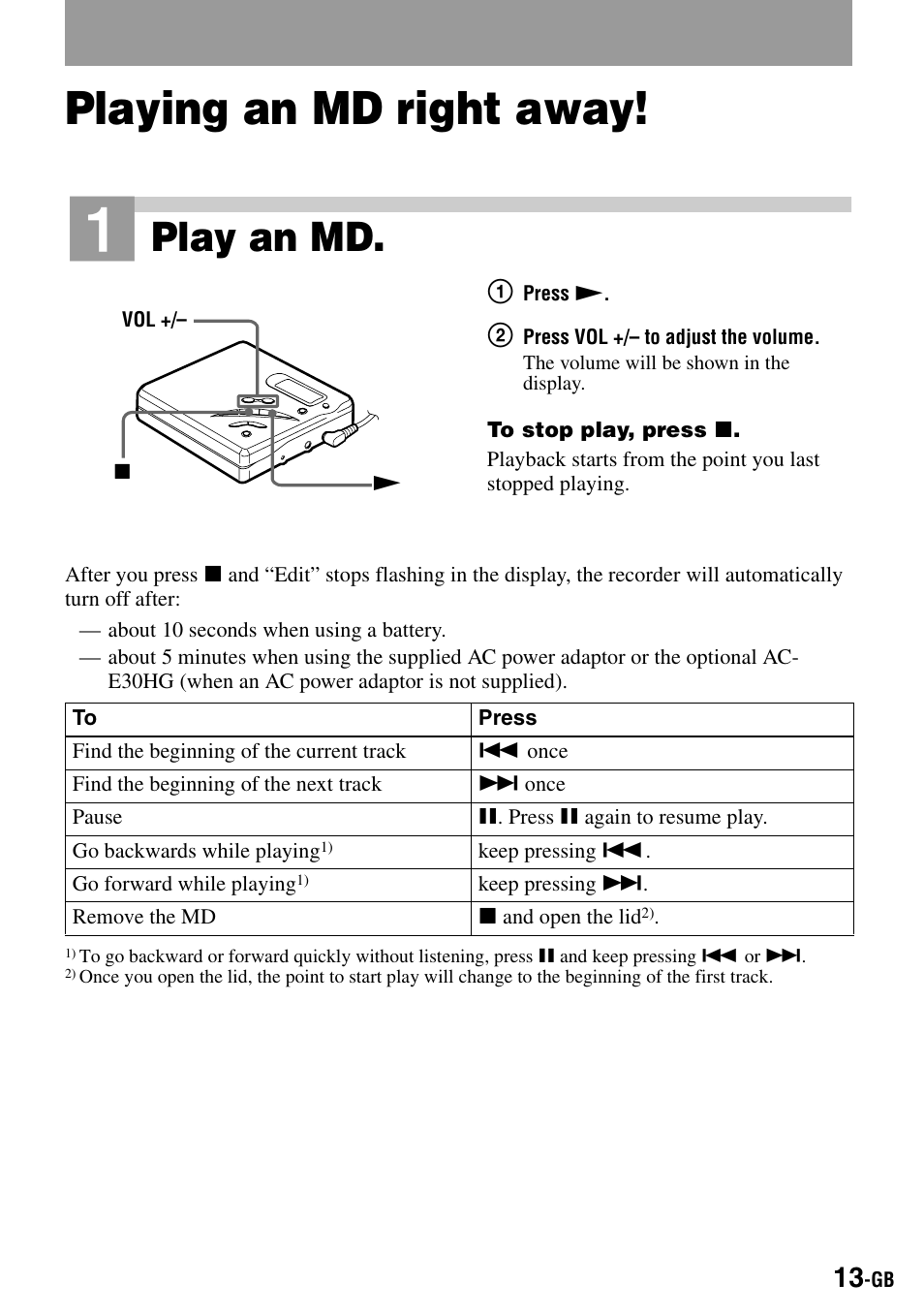 Playing an md right away, S (13), Play an md | Sony MZ-R500 User Manual | Page 13 / 40