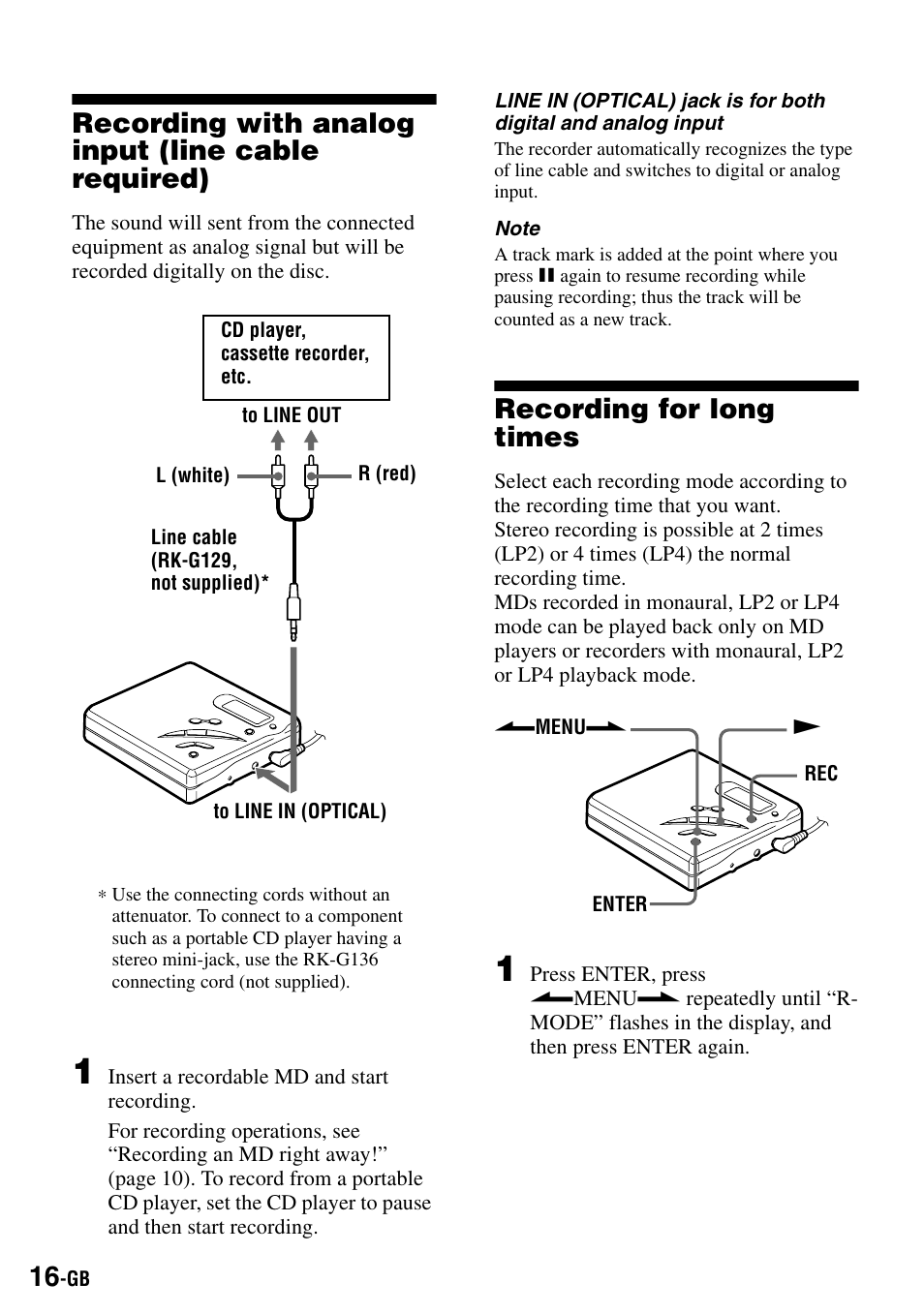 Recording with analog input (line cable required), Recording for long times, S (16) | Tton (16) | Sony MZ-R500 User Manual | Page 16 / 40