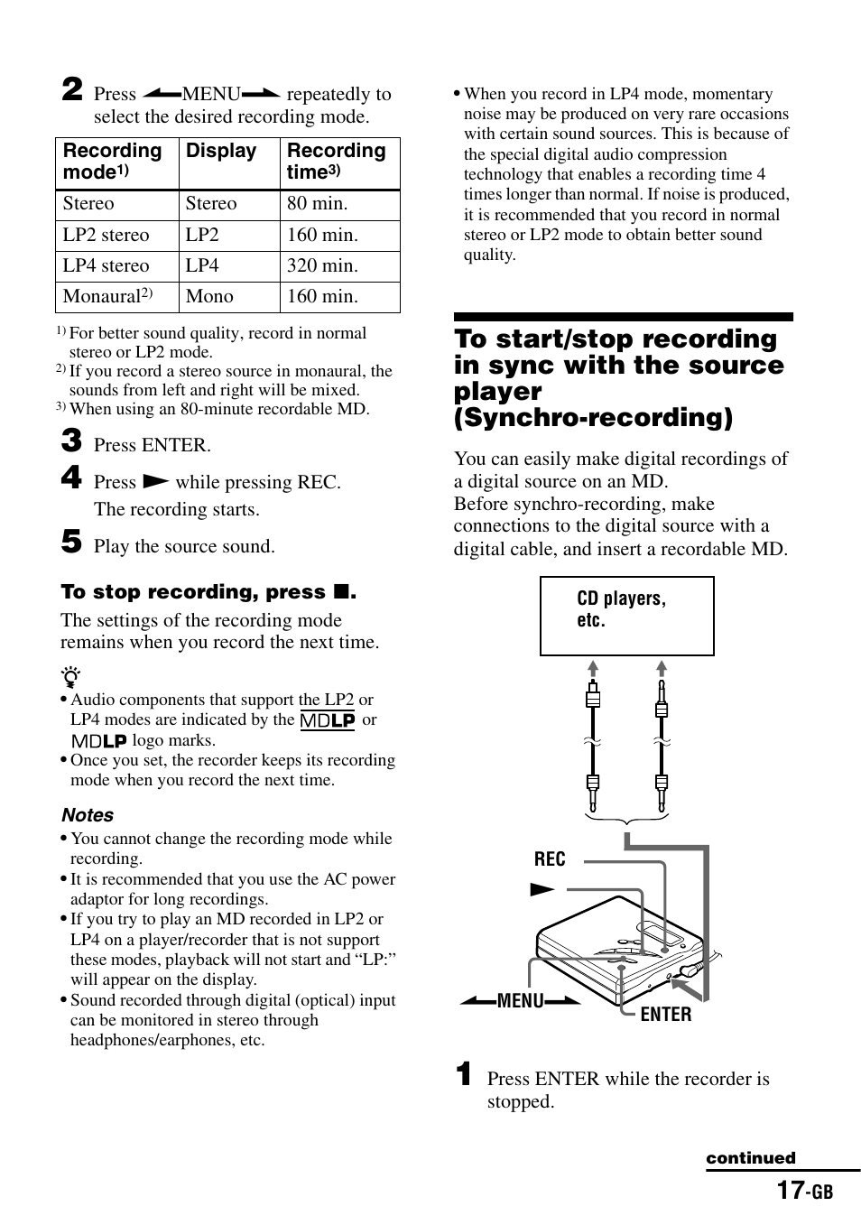 Synchro-recording), De indication (17) | Sony MZ-R500 User Manual | Page 17 / 40