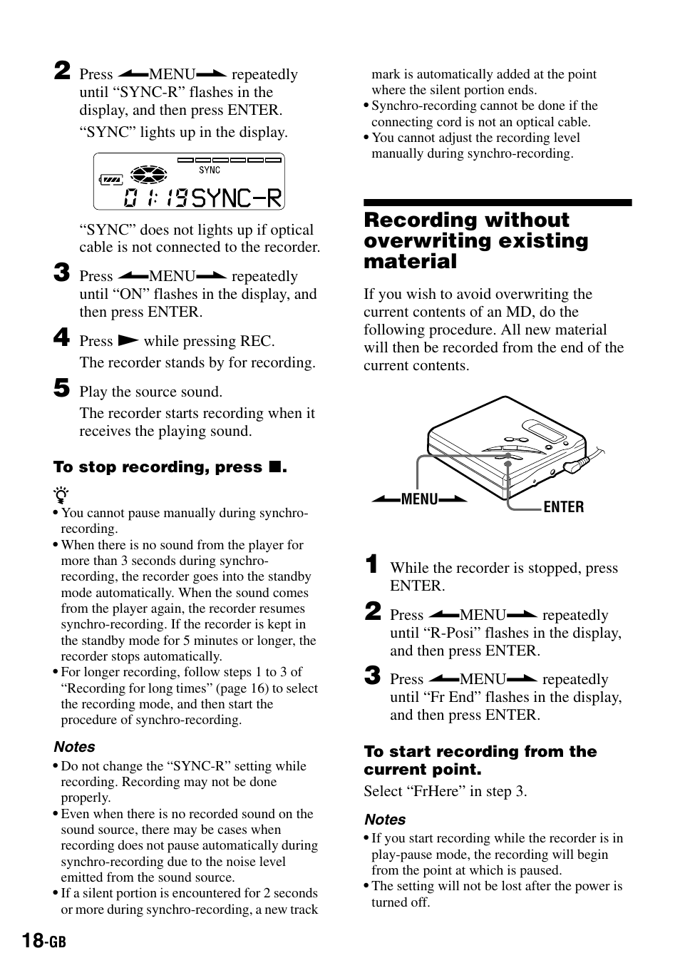 Recording without overwriting existing material, W (18), Tion | Sony MZ-R500 User Manual | Page 18 / 40