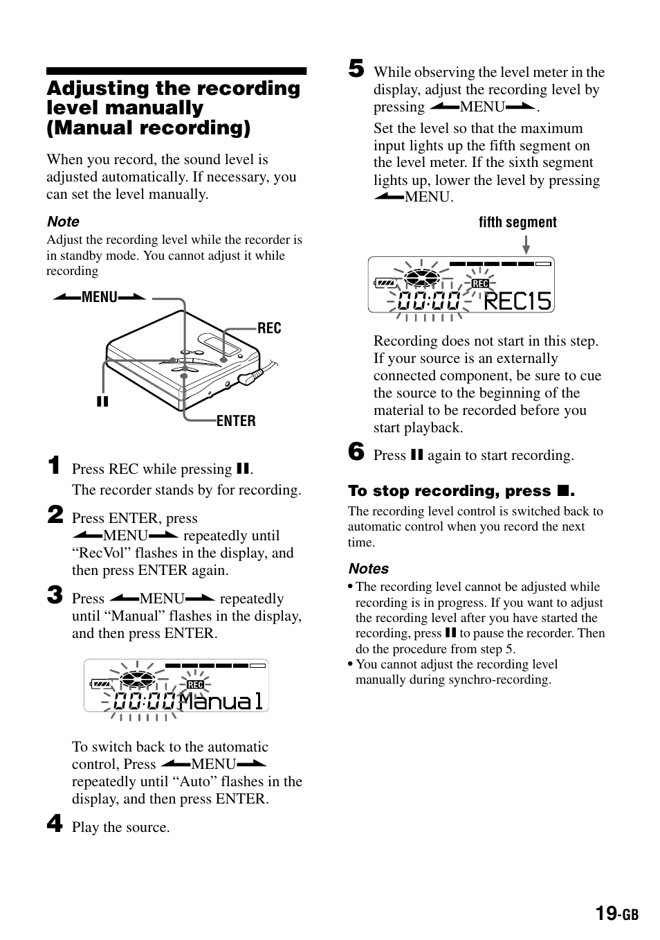 Adjusting the recording level manually, Manual recording), L meter (19) | Sony MZ-R500 User Manual | Page 19 / 40