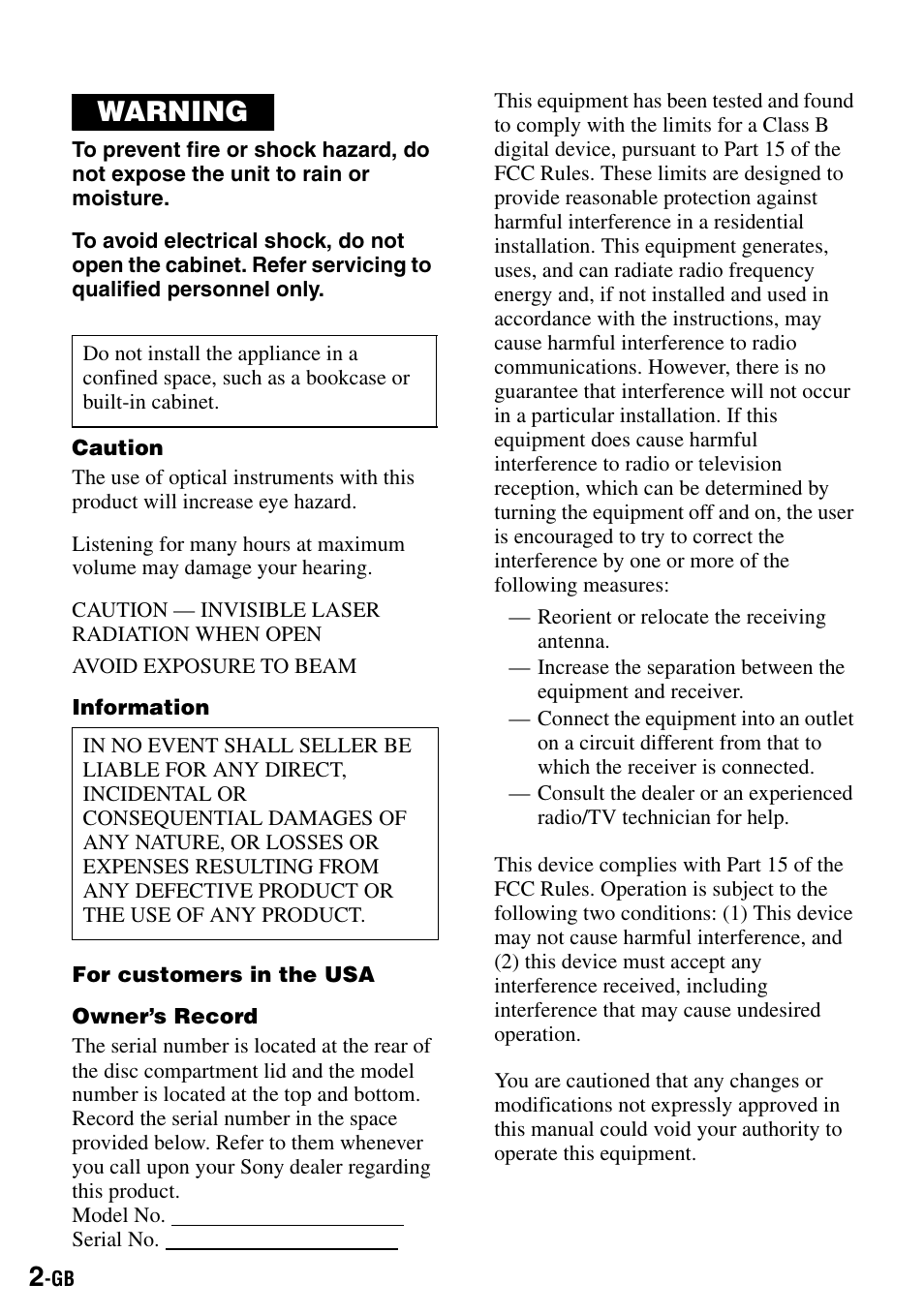 Warning | Sony MZ-R500 User Manual | Page 2 / 40