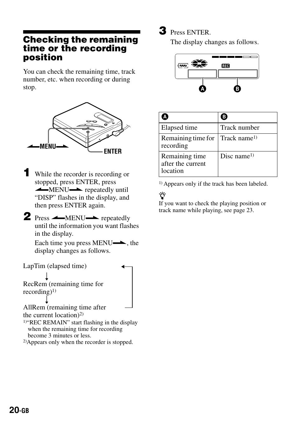 N (20) (23, Display (20) | Sony MZ-R500 User Manual | Page 20 / 40