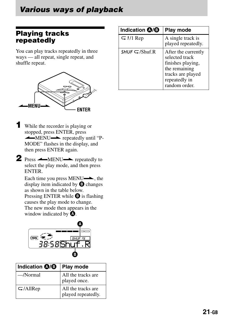 Various ways of playback, Playing tracks repeatedly, Mode indication (21) | Sony MZ-R500 User Manual | Page 21 / 40