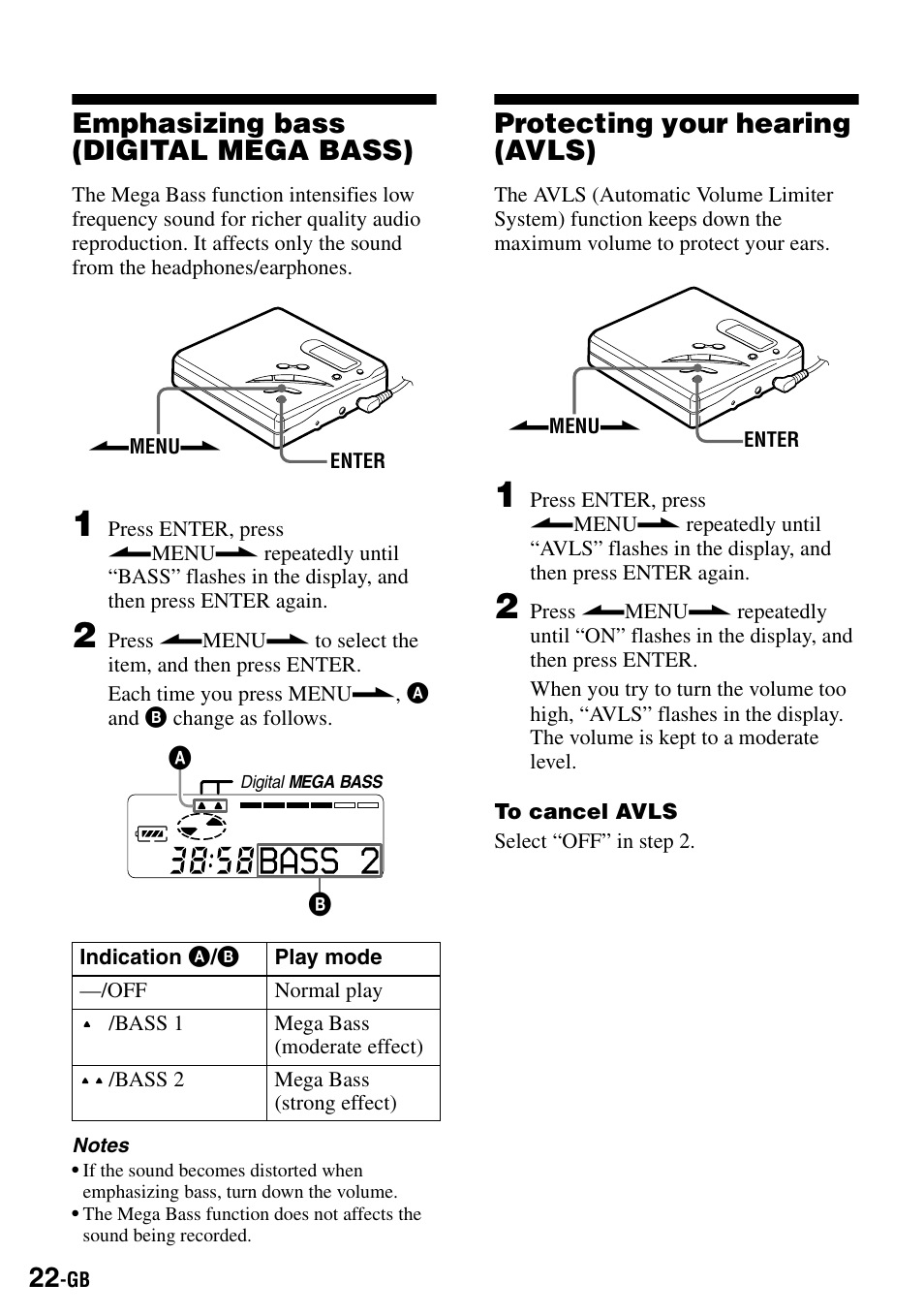 Emphasizing bass (digital mega bass), Protecting your hearing (avls), Ss indication (22) | Sony MZ-R500 User Manual | Page 22 / 40