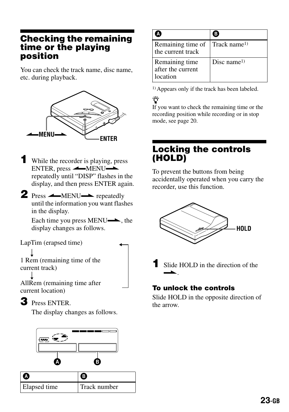 Locking the controls (hold) | Sony MZ-R500 User Manual | Page 23 / 40