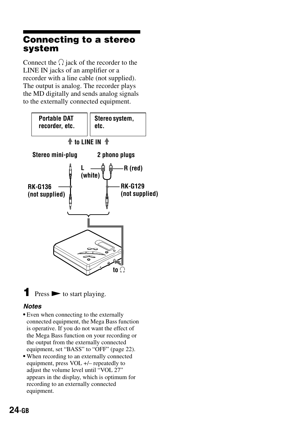 Connecting to a stereo system | Sony MZ-R500 User Manual | Page 24 / 40