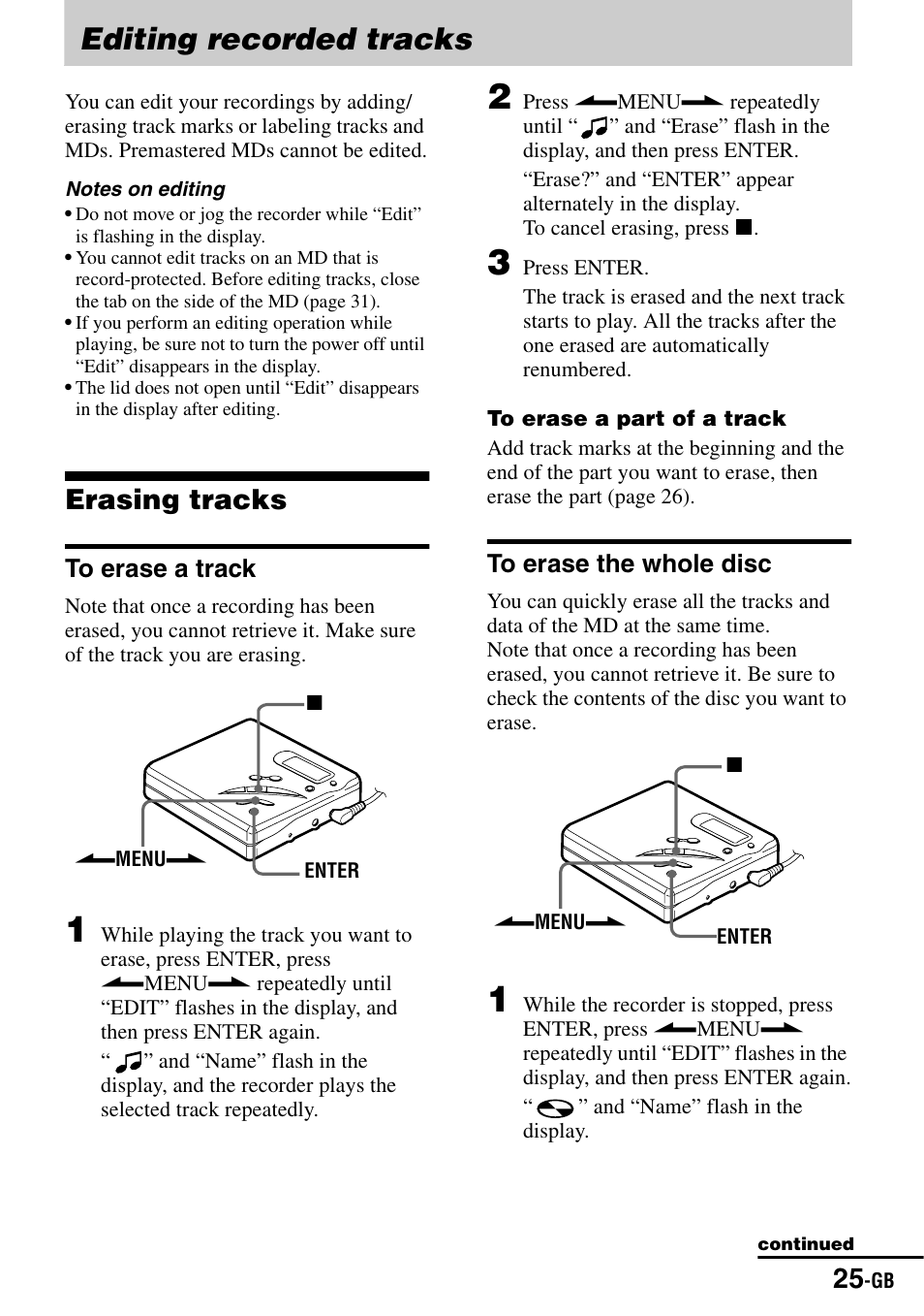 Editing recorded tracks, Erasing tracks, To erase a track | To erase the whole disc, To erase a track to erase the whole disc | Sony MZ-R500 User Manual | Page 25 / 40