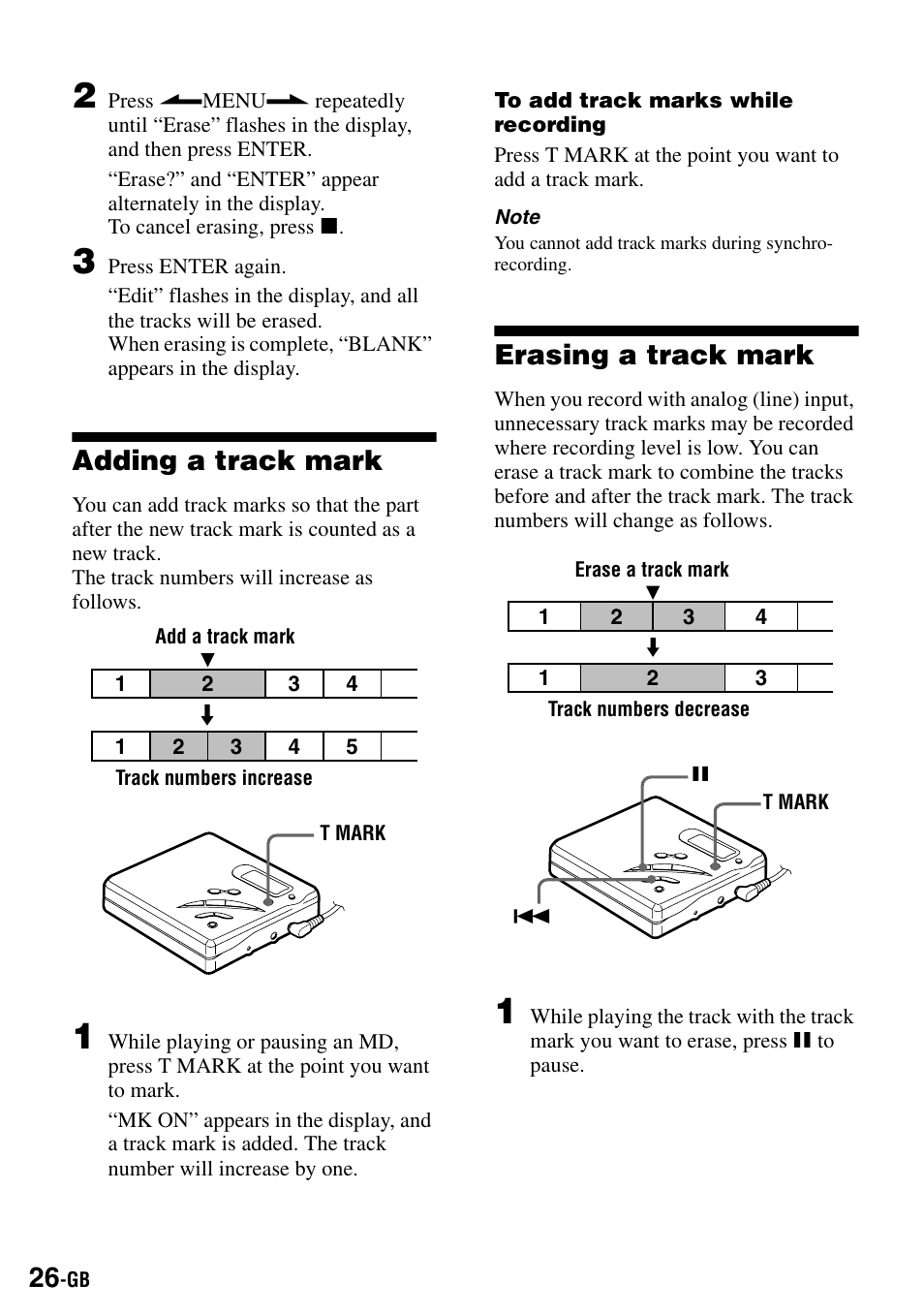 Adding a track mark, Erasing a track mark, Adding a track mark erasing a track mark | Sony MZ-R500 User Manual | Page 26 / 40