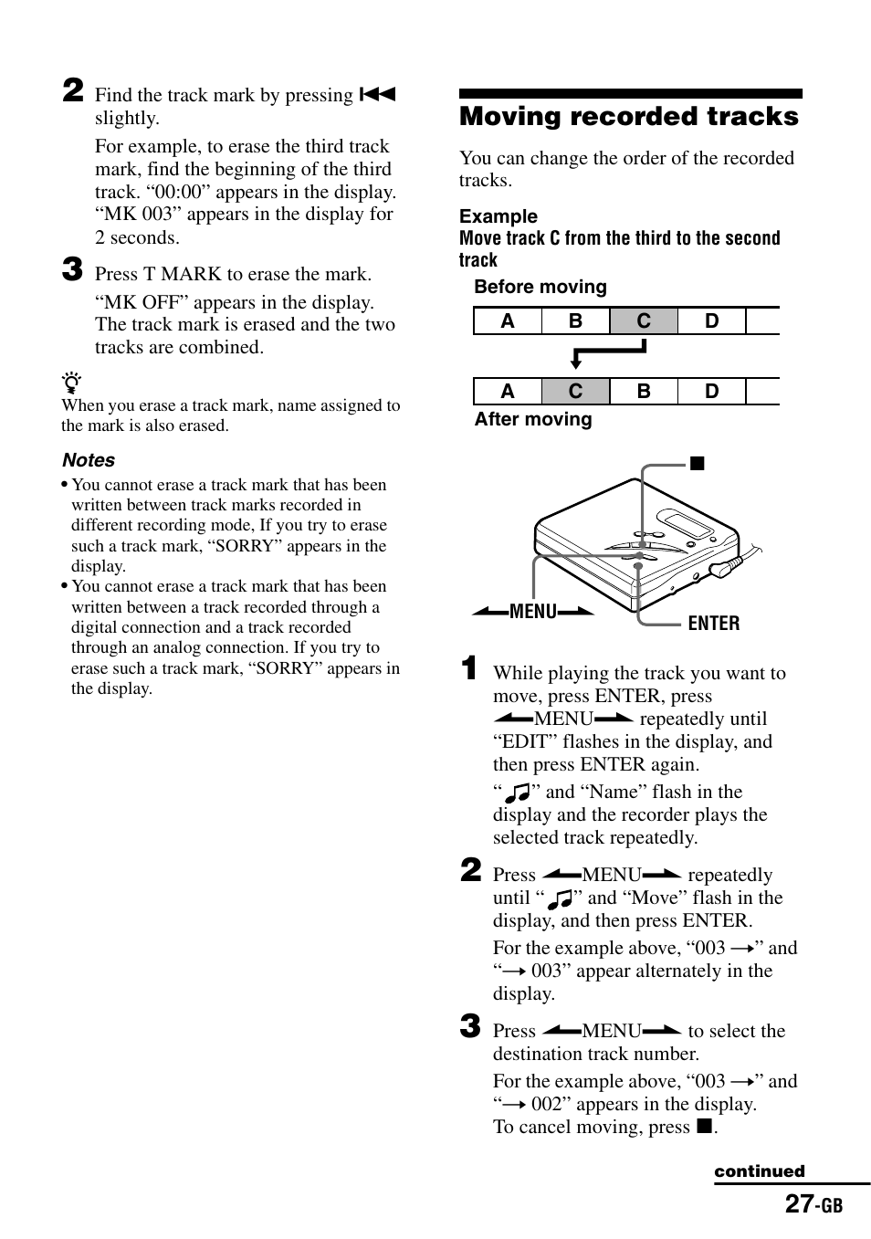 Moving recorded tracks | Sony MZ-R500 User Manual | Page 27 / 40