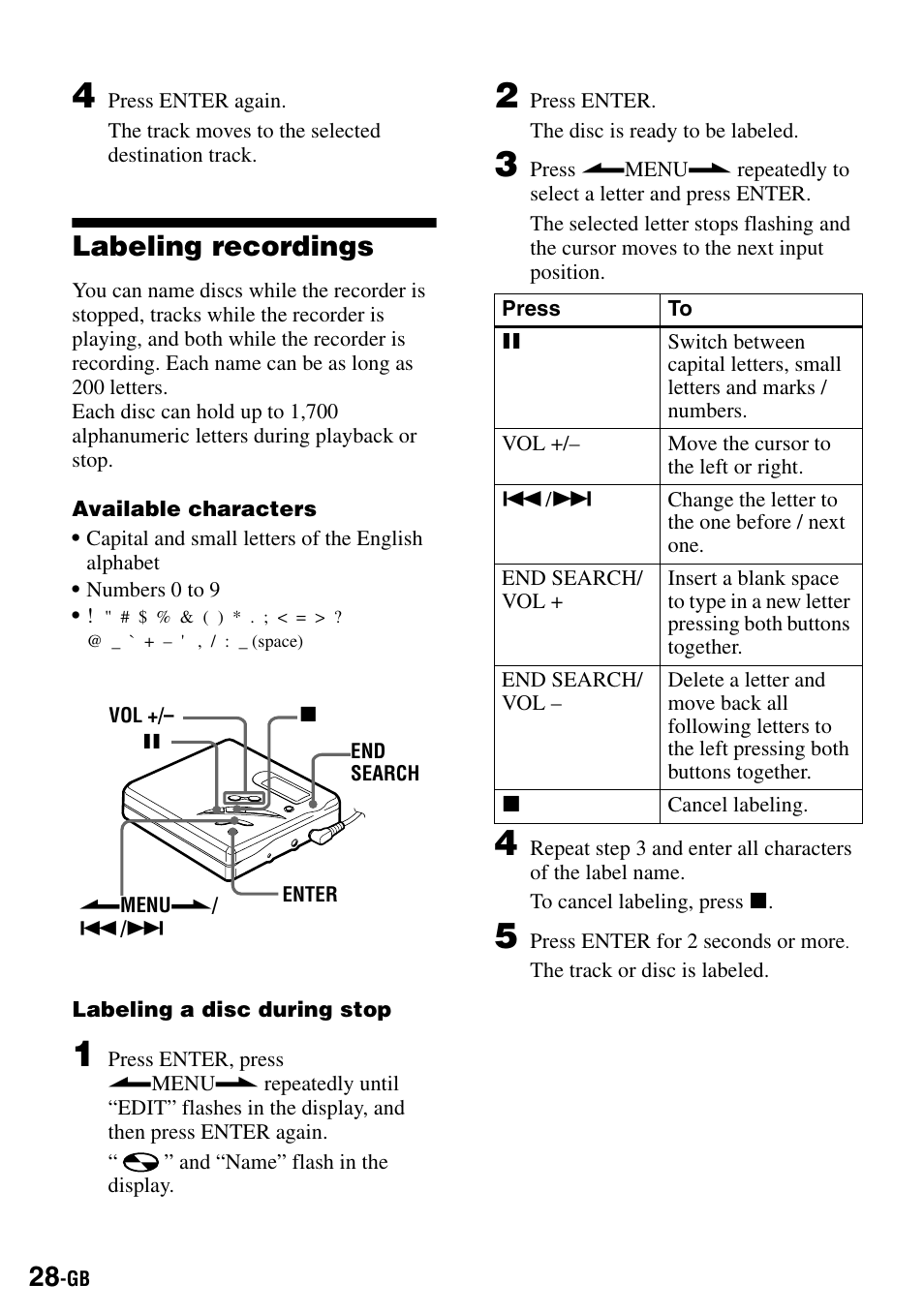 Labeling recordings | Sony MZ-R500 User Manual | Page 28 / 40