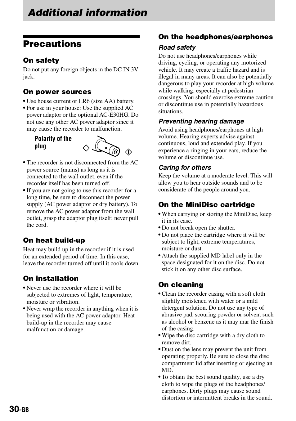 Additional information, Precautions | Sony MZ-R500 User Manual | Page 30 / 40