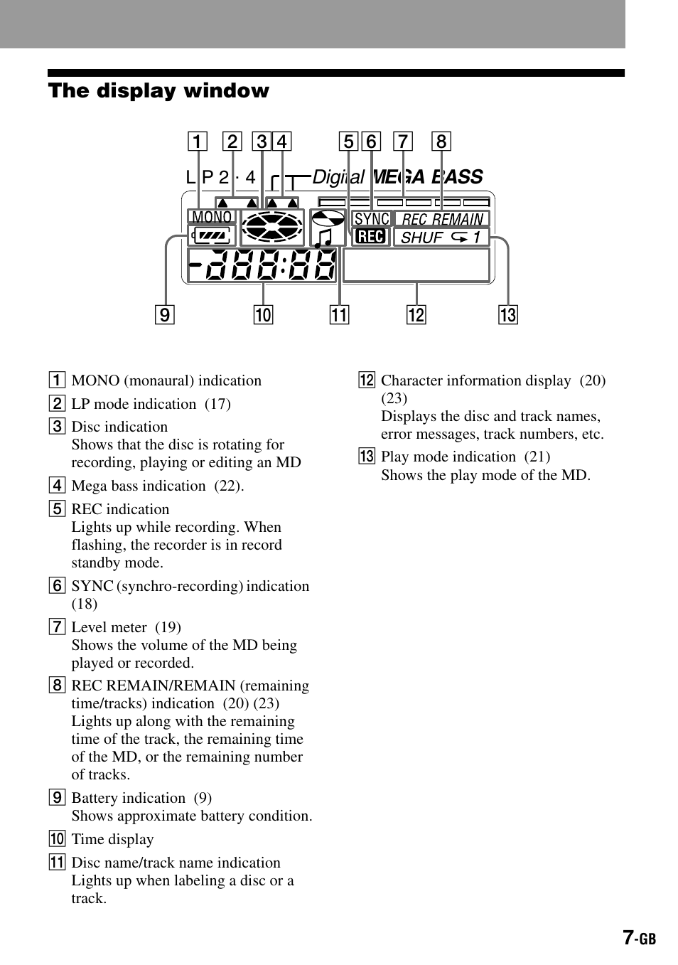 The display window, Digital, Mega bass | Sony MZ-R500 User Manual | Page 7 / 40