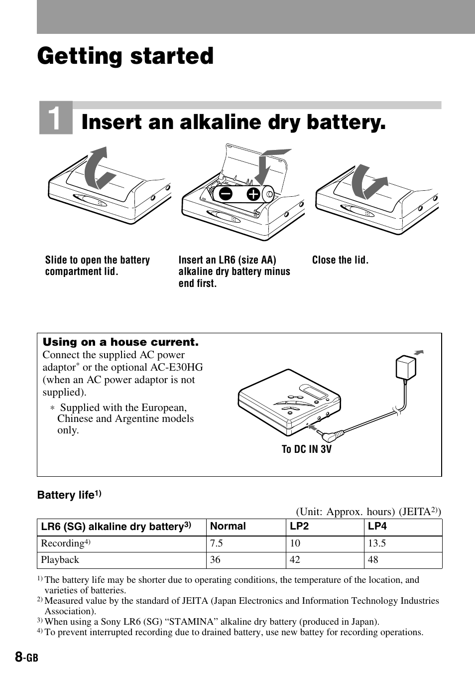 Getting started, Insert an alkaline dry battery | Sony MZ-R500 User Manual | Page 8 / 40