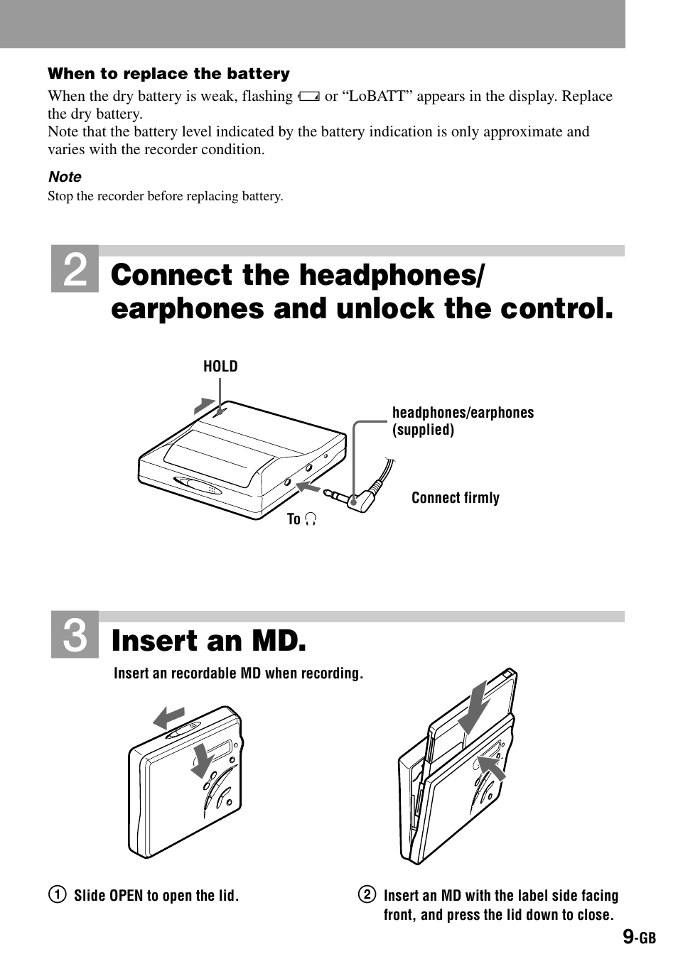 The rear) (9) (23), Switch (9), Jack (9) (24 | Battery indication (9), Insert an md | Sony MZ-R500 User Manual | Page 9 / 40