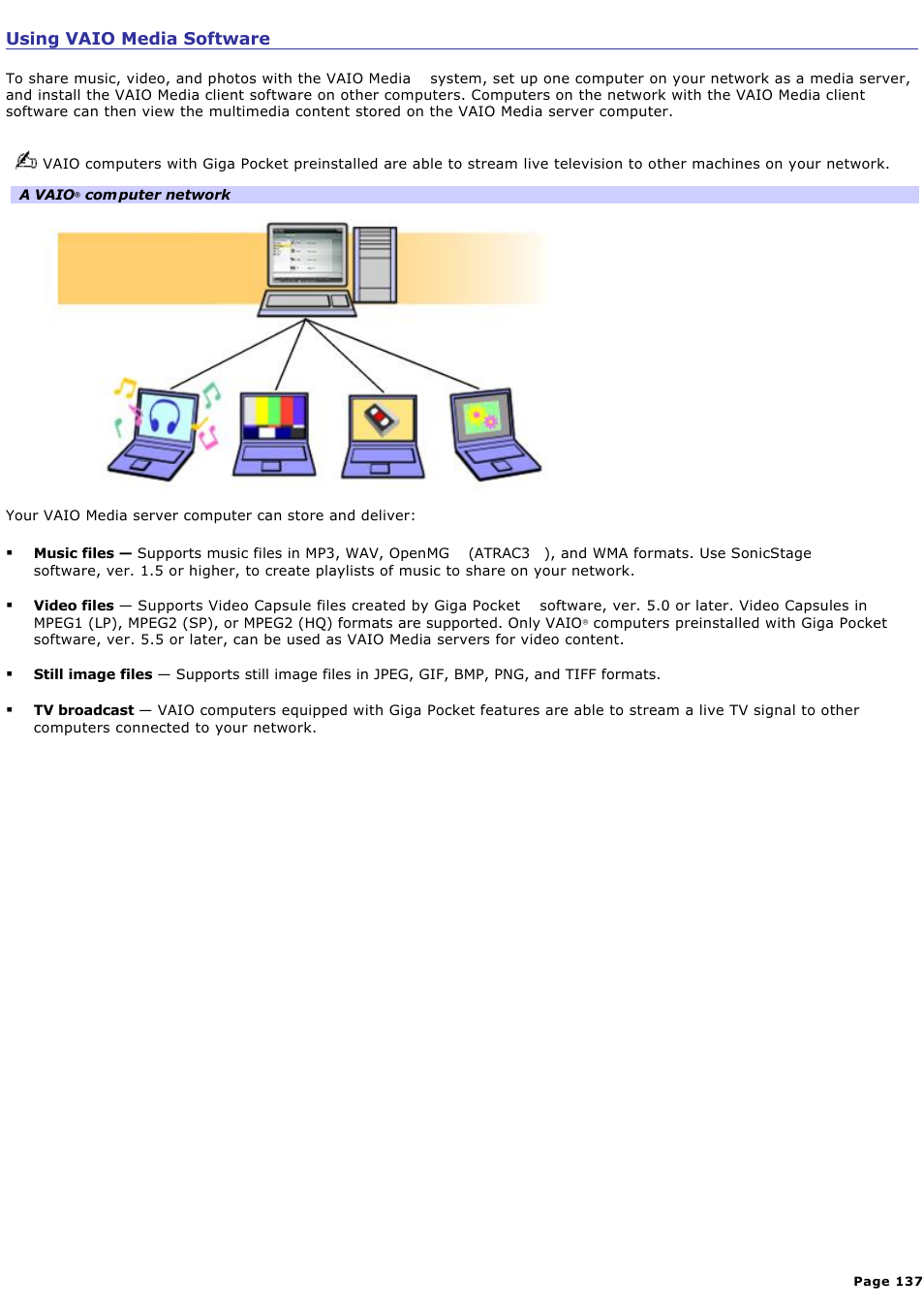 Using vaio media software | Sony PCV-RZ36G User Manual | Page 137 / 223