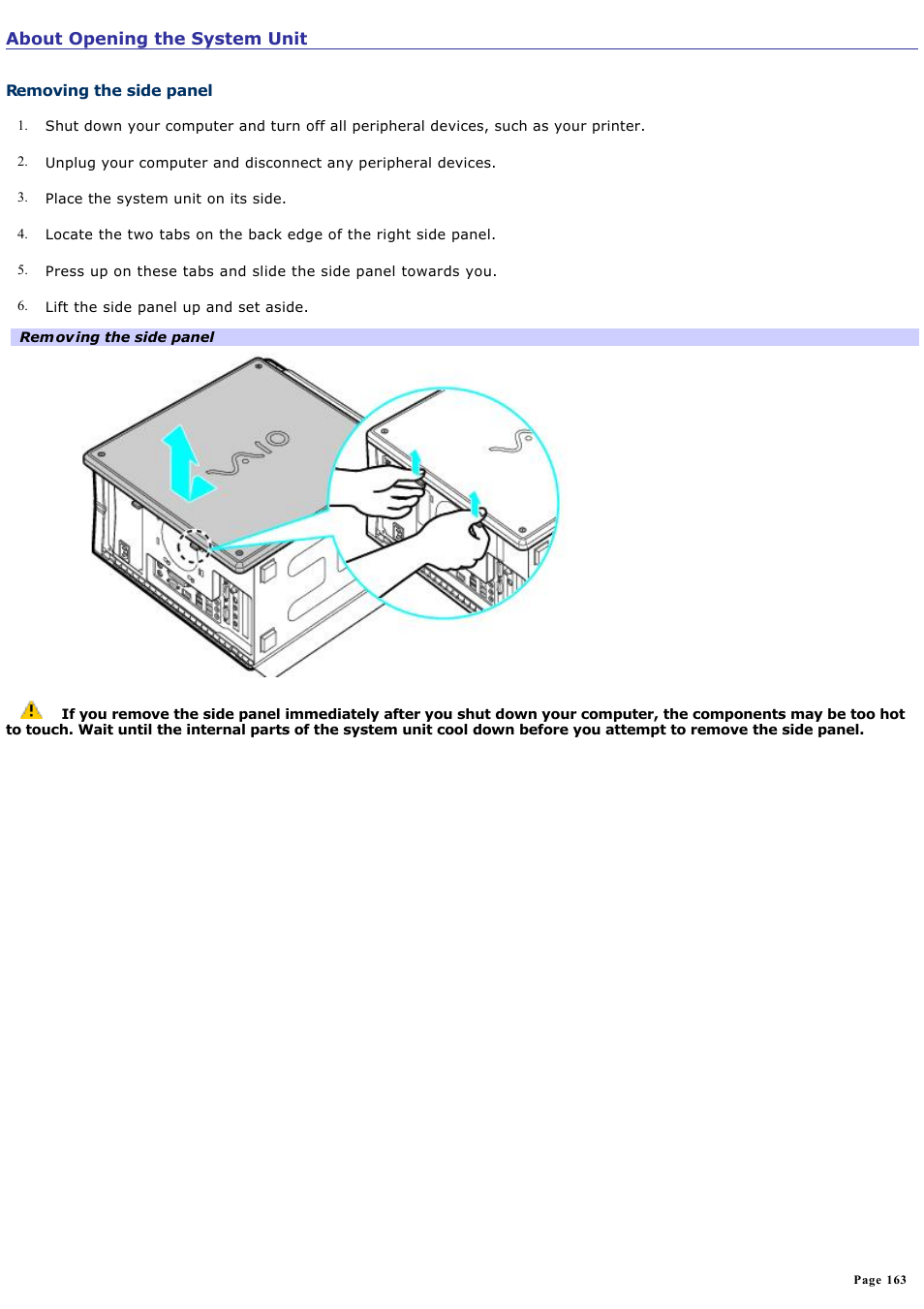 Removing the side panel | Sony PCV-RZ36G User Manual | Page 163 / 223