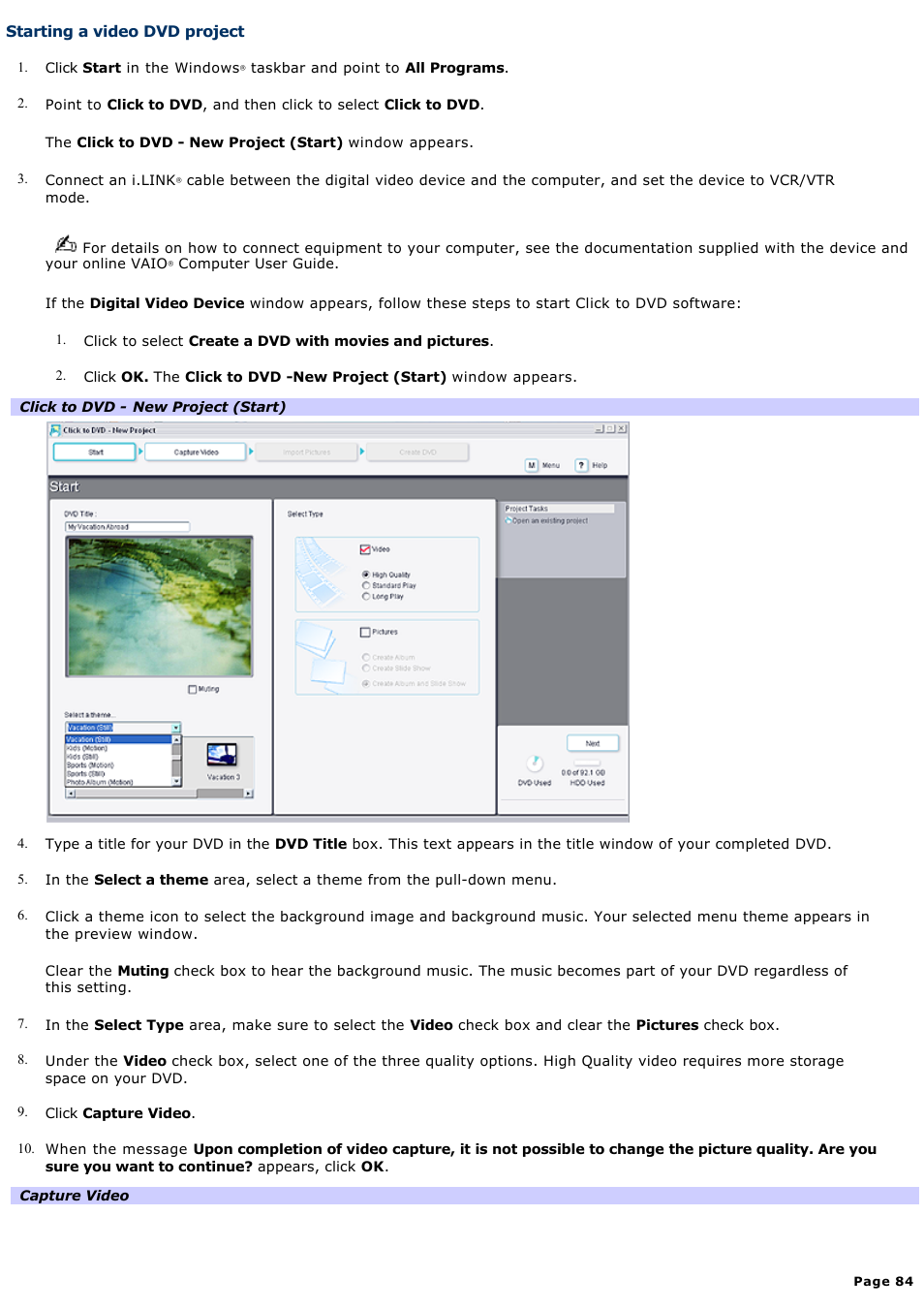 Starting a video dvd project | Sony PCV-RZ36G User Manual | Page 84 / 223