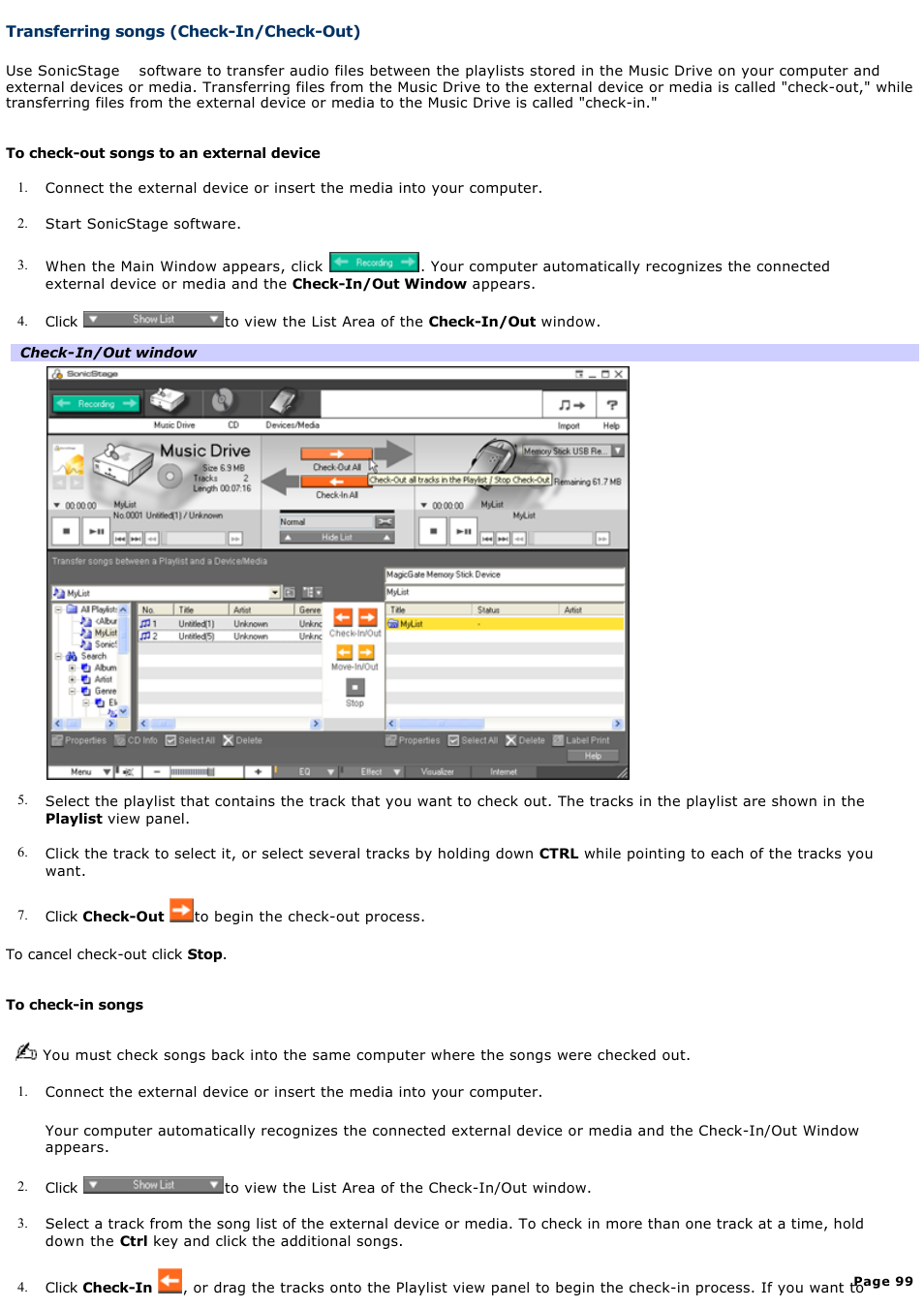 Transferring songs (check-in/check-out) | Sony PCV-RZ36G User Manual | Page 99 / 223