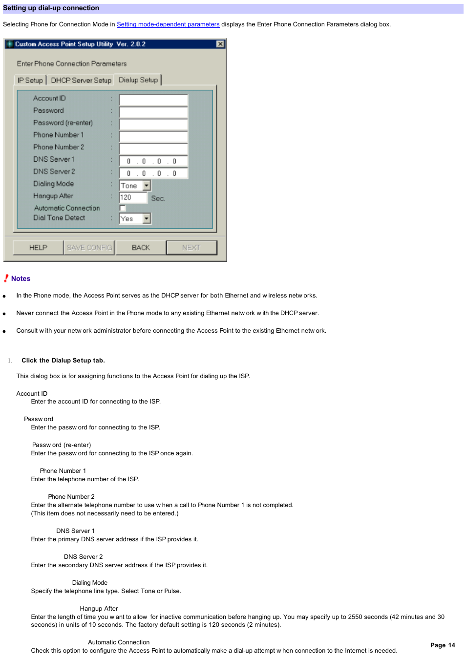 Setting up dial-up connection | Sony PCWA-A500 User Manual | Page 14 / 61